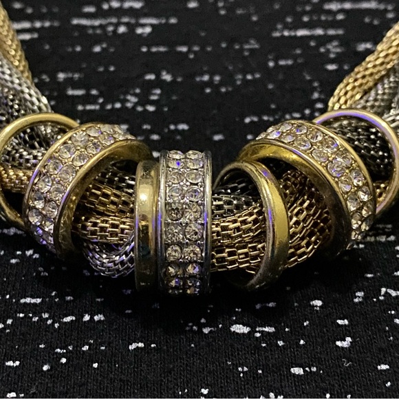 Multi Tone Twisted Mesh Necklace + Rhinestone Rings | Gold | Silver | Gunmetal - Picture 4 of 6